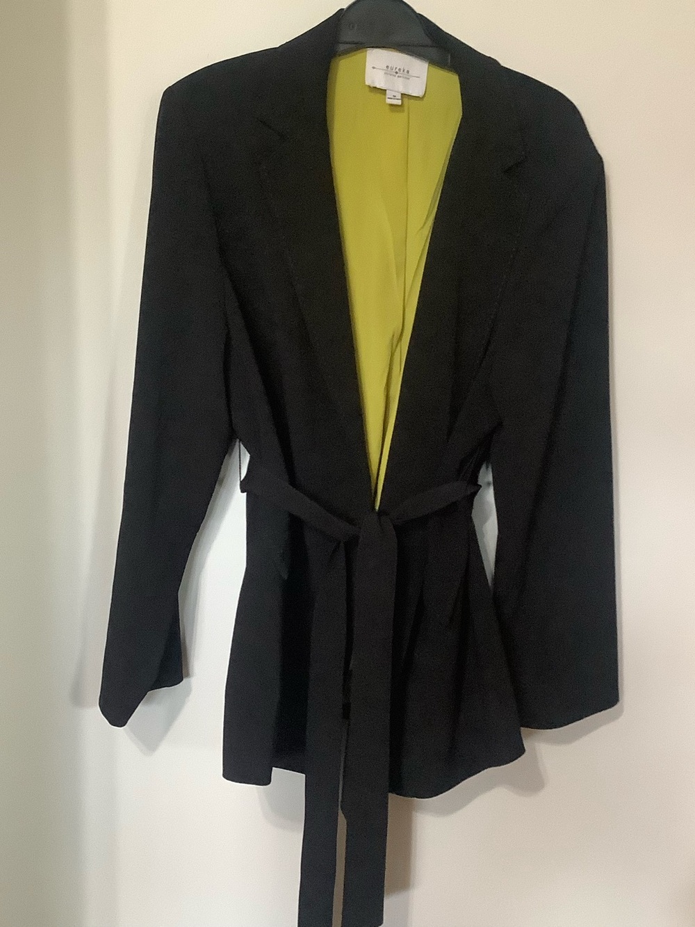 EUREKA - Christos Garkinos:  Wool-Blend Black Tie-Waist Blazer with Lime Lining